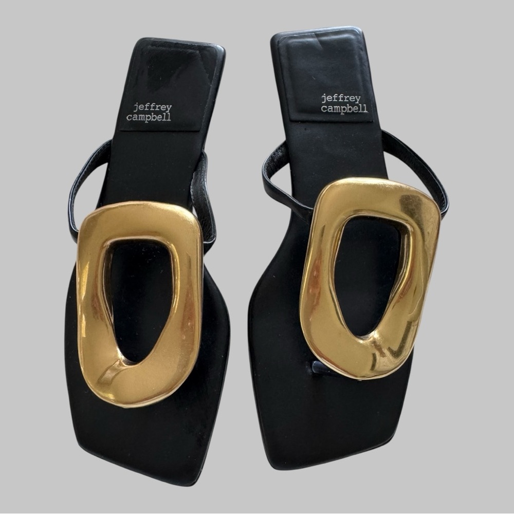 Jeffrey Campbell Black and Gold Sandals with Square Toe